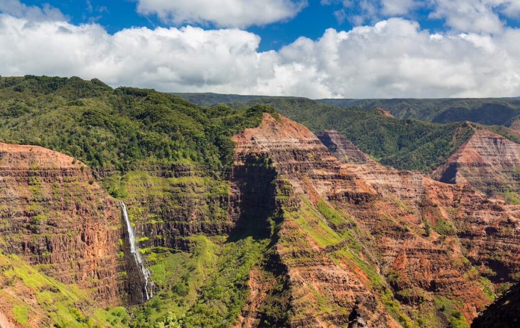 View into the Grand Canyon of the Pacific or Waimea Canyon island of Kauai in the Hawaiian islands