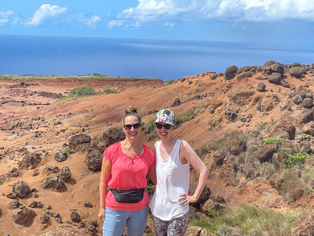 Image of two women standing in the Garden of the Gods on Lanai