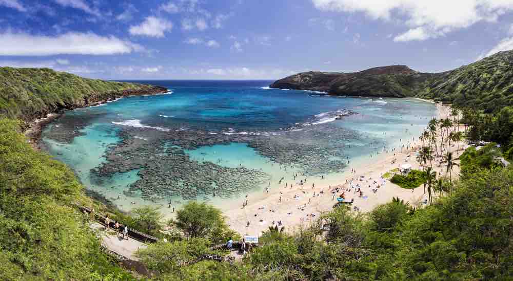 Snorkelling at the coral reef of Hanauma Bay, a former volcanic crater, now a national reserve