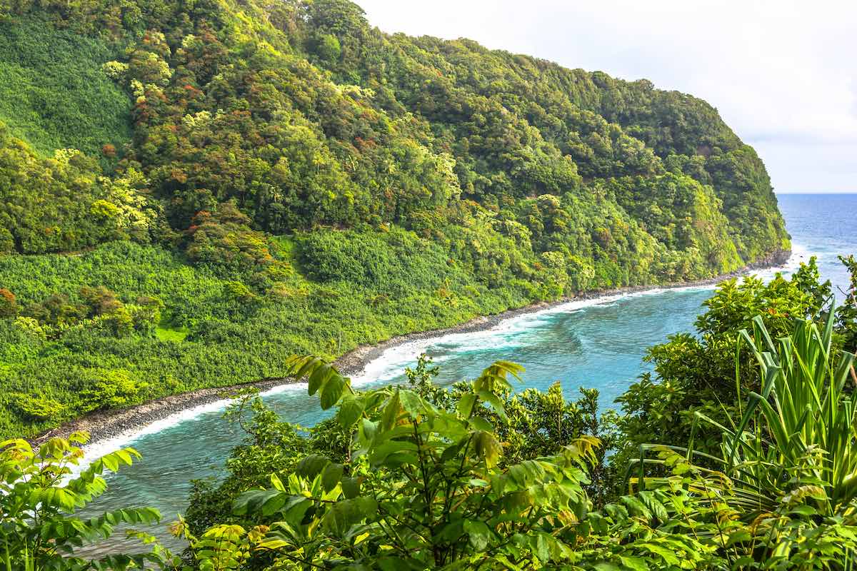 Get tips for planning a trip to Hawaii by top Hawaii blog Hawaii Travel Guides. Image of the coastline along the Road to Hana on Maui